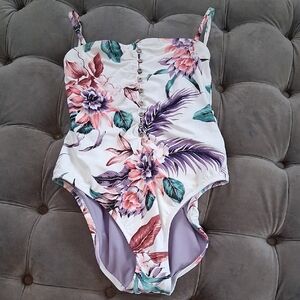Jessica Simpson White Floral One-Piece Swimsuit with Purple & Teal Accents